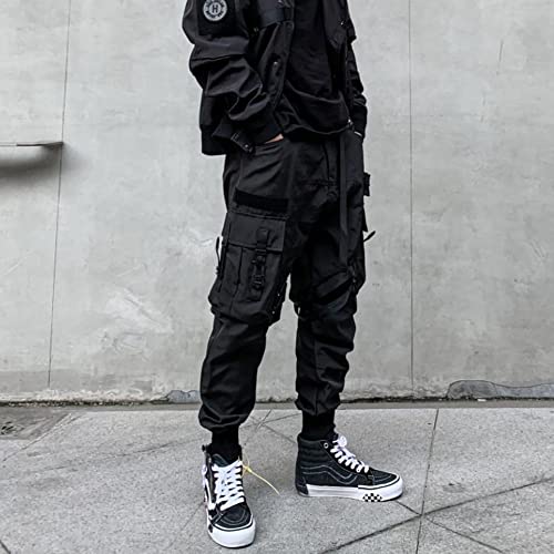 Ribbon Multi-Pocket Cargo Pants Men Hip Hop Streetwear Jogger Pants Black Techwear Male Pencil Trousers4