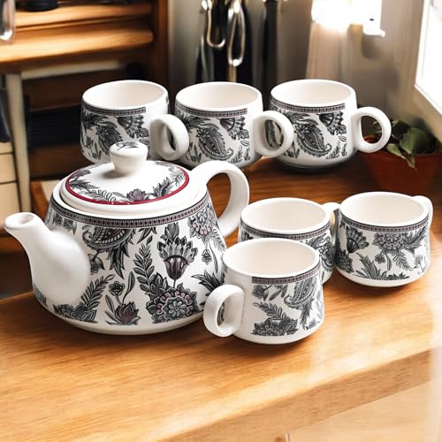 Image of CRAF10 Handcrafted Ceramic Stylo Black Teapot Cup Set - 1 Kettle (1 Litre) & 6 Cups (160 ML), Microwave & Dishwasher Safe | Morning Set | Tea Sets with Kettle for Gifting
