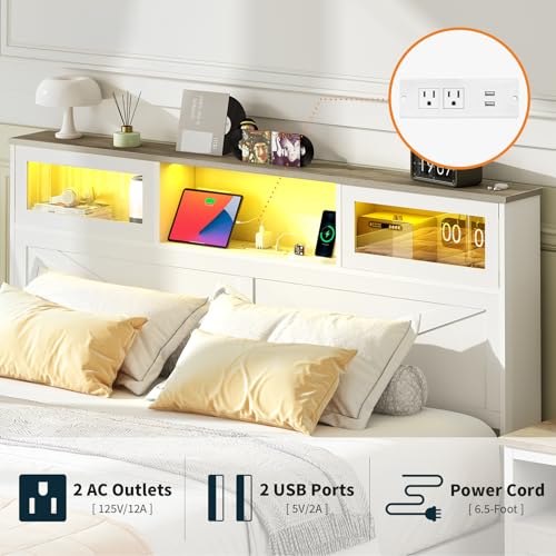 Image of Yoobure Farmhouse Queen Bed Frame with Headboard - Bed Frame Queen Size with Charging Station & LED Lights, Wood Bedframe Queen-Size with 2 Storage Drawer, Platform Beds, No Box Spring Needed, White
