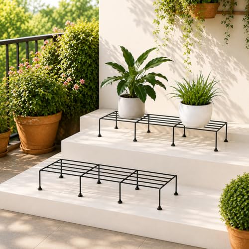 Image of SR Pack of 4 Premium Rectangular Anti-Rust Metal Plant Stand Set - Stylish Black Stands for Indoor, Outdoor, and Balcony Use (Pack of 4)