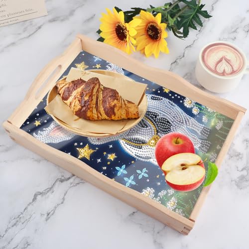 Image of DIY Diamond Art Tray with Handle Diamond Art Painting Plate Creative Design Handmade Wooden Tray Mosaic Making Kits by Number Kits Diamond Art for Coffee Living Room Home Organizer (Milk Cow)