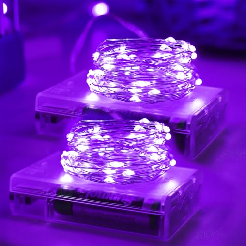 YAOZHOU Halloween Christmas Decorations Purple Fairy String Lights Indoor Battery Operated with Timer 2Pack Total 33FT 100 Led Mini Battery Powered Mason Jar Waterproof Firefly Lights DIY Party