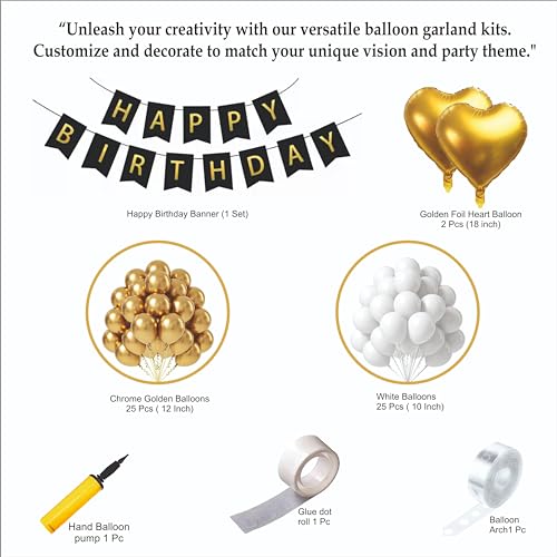 Image of Happy Birthday Balloons Decoration Kit - 56 Pcs Golden & White Balloons, Chrome Balloons with Happy Birthday Banner | Birthday Party Decoration Set for Celebrations for Kids & Adults