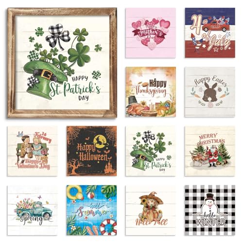 Putuo Decor Interchangeable Season Framed Wall Art Set, Seasonal Welcome Printed Signs, Rustic Holiday Home Table Decor Wall Hanging Signs for Living Room, Kitchen, Office, Farmhouse