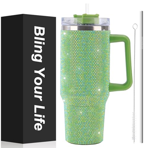 40oz Bling Tumbler with Handle and 2 Straw,Bling Cup for Large Water Capacity,Glitter Travel Mug with Lid，Rhinestone Water Bottle,Diamond Vacuum Insulated Stainless Steel Tumbler for Girls (Green)
