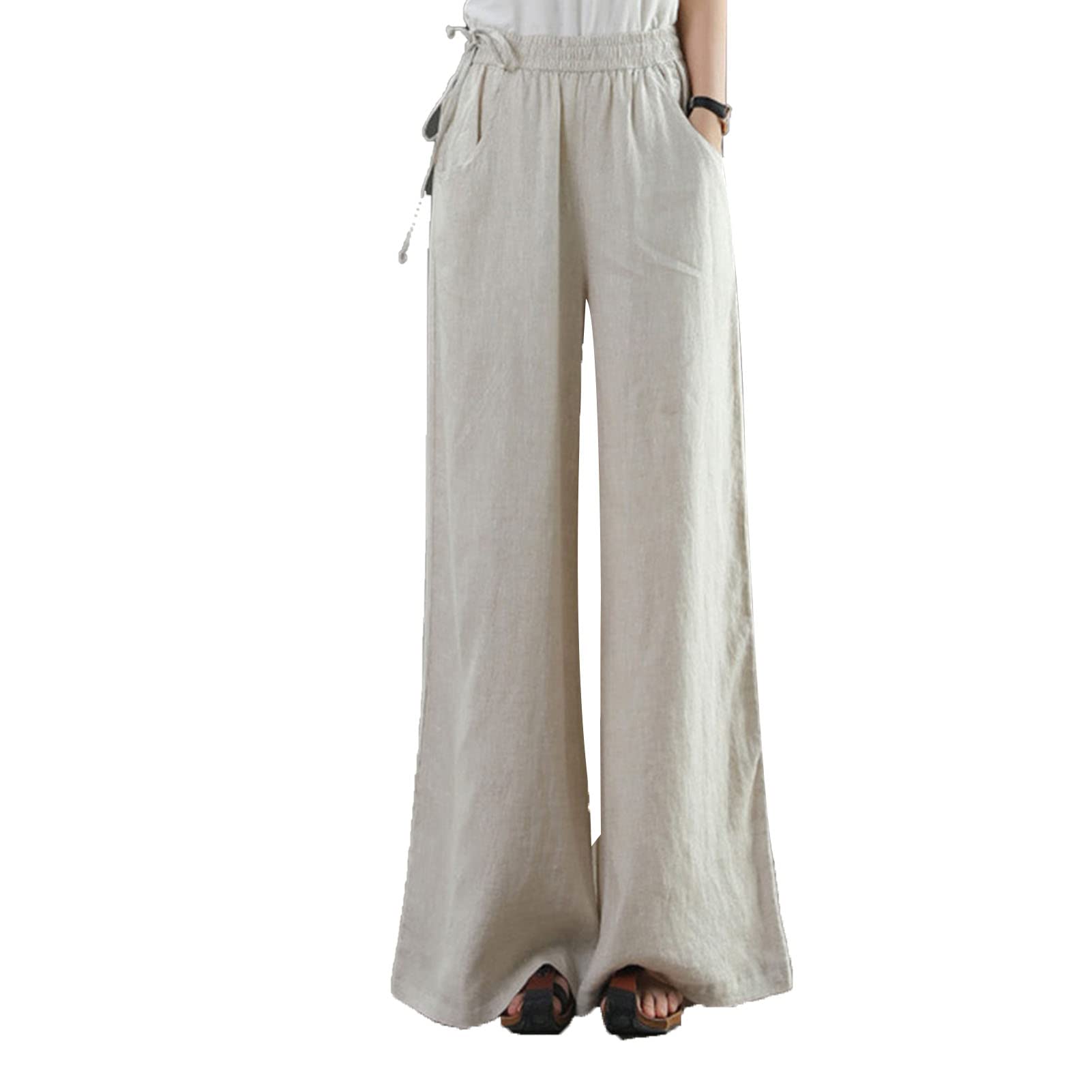 Maiyifu-GJ Women Casual Cotton Linen Baggy Pants Relaxed Fit Soft Comfy Wide Leg Trousers Drawstring High Waist Loose