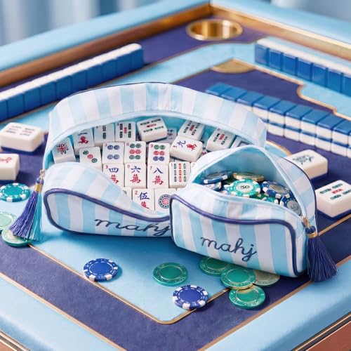 Set de 2 bolsas para fichas y dados de Mahjong azul miniatura 4