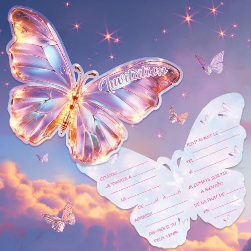 BOYATONG 12 Cartes d'Invitation Anniversaire Fille, Cool Papillon Carte Invitation Anniversaire Fille, Anniversaire Papillon Accessoire Fête d'Anniversaire...