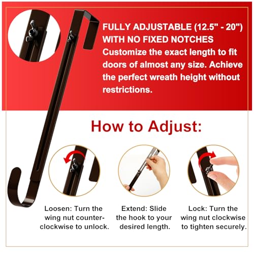 Image of 2-Pack Wreath Hooks for Front Door, 12.5-20 inch Extendable Heavy Duty Metal Over The Door Hooks (22 lbs) for Spring Decor & Coats, Slim Damage-Free Hanger for Tall & Screen Doors, Brushed Nickel