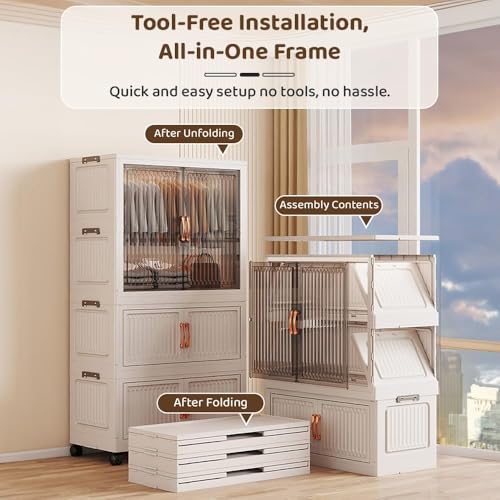 Image of StarAndDaisy Kids Wardrobe /Multifunctional Collapsible Plastic Wardrobe /Almirah for Baby /Kids- Storage Cabinet - Dustproof Organizer for Baby Clothes, Toys & Books (Cream (1-Wardrobe-3-Folding Box)
