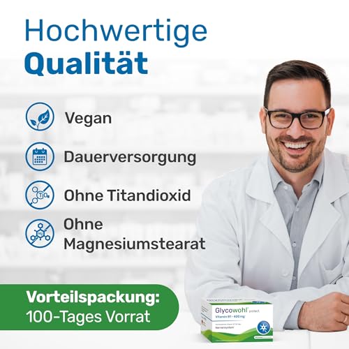 Glycowohl® Vitamin B1 400 mg¹ pro Tagesdosis – 100 Tage Vorrat – hochdosiertes Thiamin ohne Magnesiumstearat & Farbstoffe - 200 Kapseln