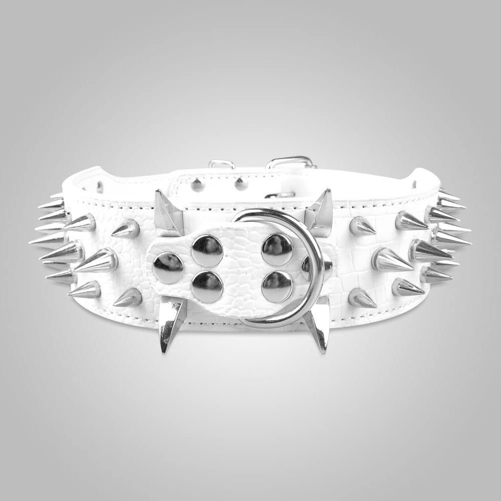 Sharp Spiked Studded Dog Collar 2 Inch Width Stylish Leather Dog Collars for Medium & Large Dogs Pitbull Labrador Boxer Rottweiler German Shepherd (XL:21-24 inch, White)