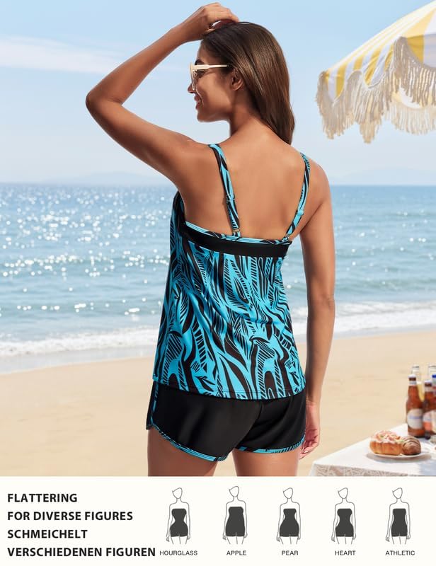 Hanna Nikole Tankini Damen Set Badeanzug Bauchweg Zweiteilig Push Up Eingearbeiteter BH Bademode und Eingearbeitetes Höschen High Waist Badeshorts Mit Taschen Verstellbare Schwimmanzug