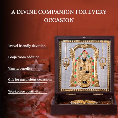 Image of Balaji Venkateshwara Pocket Temple for Wedding Gift, Housewarming Gift & Pooja Room Decor | Gold Plated Photo Frame with Charan Paduka - 4.5 Inches