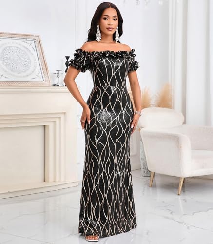 Image of dasmzper Women Sexy Sequin Off Shoulder Ruffle Short Sleeve Bodycon Mermaid Party Formal Evening Maxi Dress