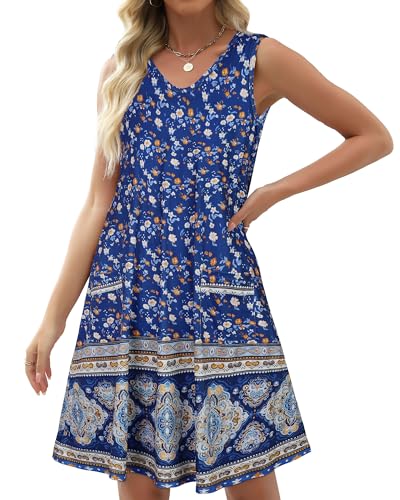 Image of elescat Womens Summer Dresses Casual V Neck Sleeveless Pockets Beach Loose Tank Sundress 2026
