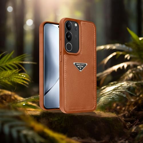 Image of Vaku Luxos Nyxen Back Cover Case for Vivo V29 5G Premium Leather Stitched Soft Shockproof Protective TPU Phone Case Camera Screen Protector- Brown