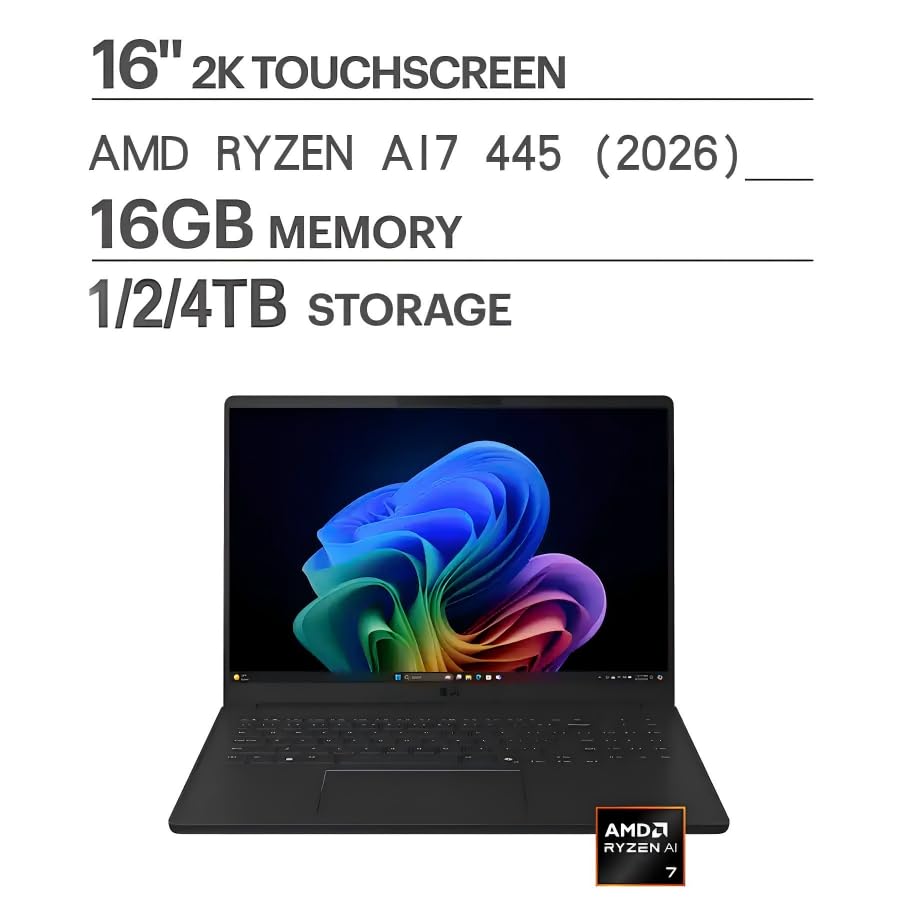 Image of LG Gram Book 16 inch Touchscreen Laptop, AMD Ryzen AI 7 445, Copilot AI+ PC 16 GB DDR5X RAM, 1 TB PCIe SSD, 120Hz IPS 400 Nit LED Touchscreen, Up to 26H Battery Life, Backlit KB, BT5.4 Win 11 Pro