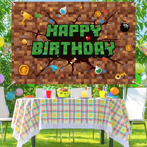 Image of Pixel Happy Birthday Backdrop, 106x71in /270x180cm Pixel Theme Party Decorations Video Game Banner Backdrop for Gaming Birthday Decor