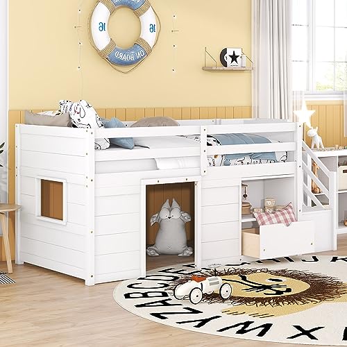 LUMISOL Twin Size Low Loft Bed with Stairs, Playhouse Loft Bed Frame with Drawer and Shelf, Solid Wood Low Loft Bed, White