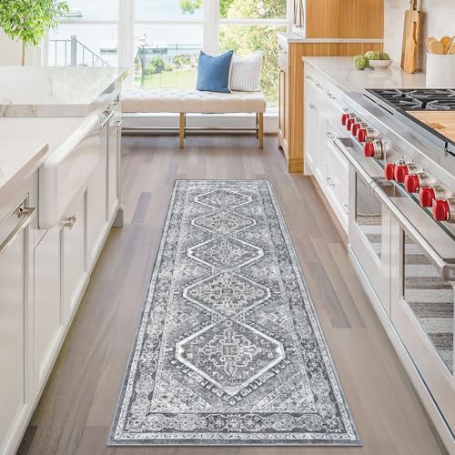 KUTA Oriental Washable Runner Rug, 2x6 Runners for Hallways Non-Slip Vintage Grey Kitchen Rugs Ultra Soft Printed Distressed Tribal Farmhouse Carpet for Laundry Bedroom Living Room