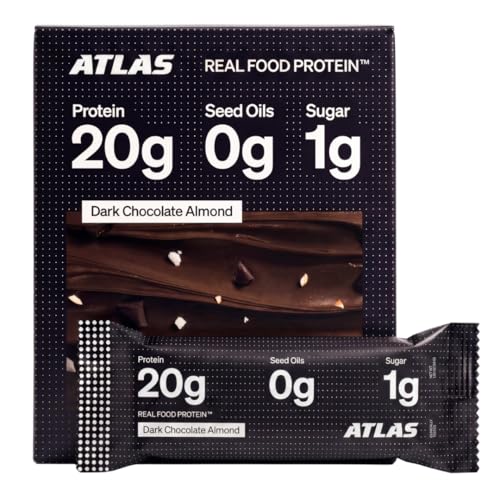 Atlas Real Food High Protein Bars 20g Protein 1g Sugar Clean Ingredients High Fiber Low Sugar Snack Bar No Seed Oils No Artificial Sweeteners (Dark Chocolate Almond 12 Count)
