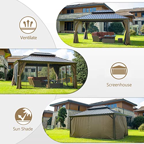 Domi Outdoor Living 12’ X 16’ Hardtop Gazebo Outdoor Aluminum Gazebo With Galvanized Steel Double Roof For Lawn And Garden, With Curtains & Net (Brown) #TOP4