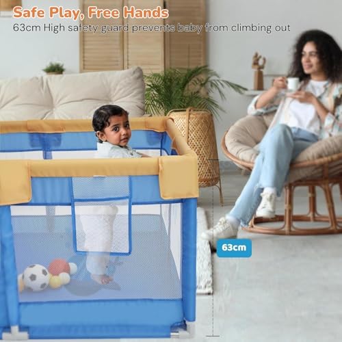 Image of 120 x 120 cm Small Playpen for Baby 6M-3Y, Baby Playard with Anti-Fall Grasp Rings & Safety Lock ((No Mat /No Ball, Non-Foldable)-Blue