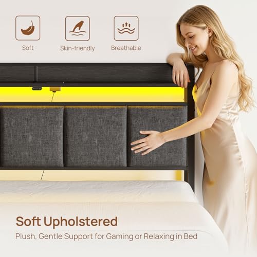 Image of Rolanstar Bed Frame Twin Size with Charging Station and LED Lights, Upholstered Storage Headboard with Drawers, Heavy Duty Metal Slats, No Box Spring Needed, Noise Free, Easy Assembly, Dark Grey