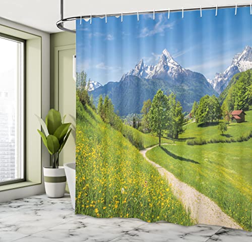 ABAKUHAUS Landscape Shower Curtain, Wildflowers in the Alps and Snow-capped Mountains National Park Bavaria Germany - Image 4