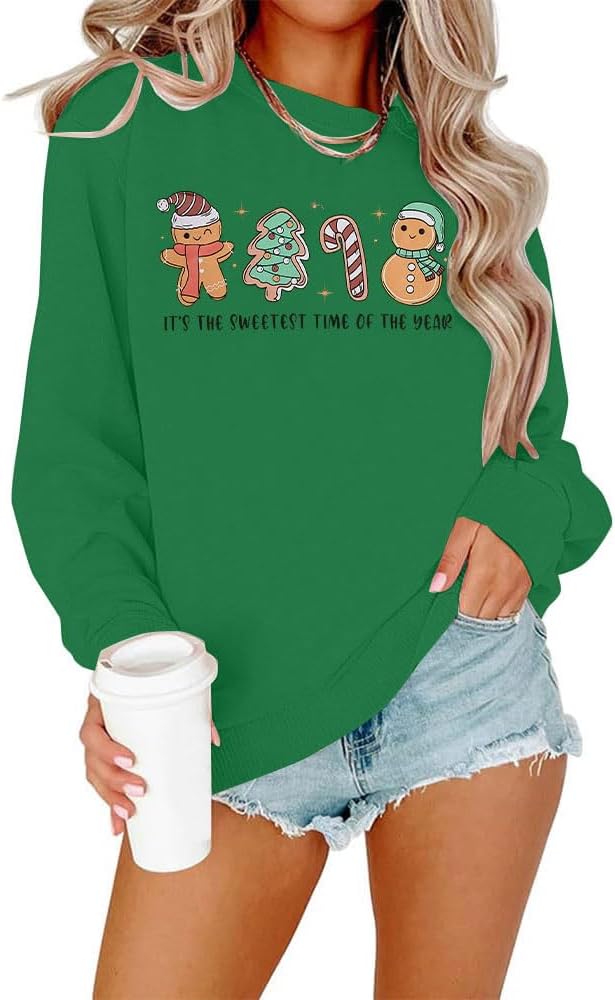 FRYAID Christmas Shirt Women Funny Gingerbread Graphic Sweatshirts Merry Christmas Long Sleeve shirts Casual Pullover Tops