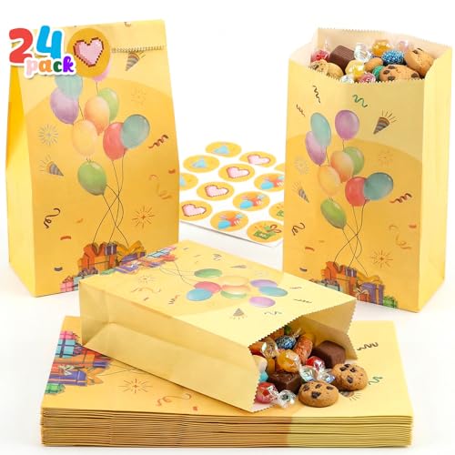 LovesTown 24 Pcs Rainbow Party Favor Bags with Stickers - 8.7"x4.7"x3.1" Colorful Goodie Treat Bags in 8 Vibrant Colors for Kids Birthday, Baby Shower, Wedding & Gift Packaging