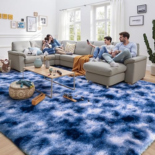 6x9 ft Fuzzy Rug for Living Room Soft Fluffy Blue White Bedroom Area Rugs Non-Slip Shaggy Carpet for Nursery Kids PlayRoom Dorm Office Indoor Modern Plush Carpets