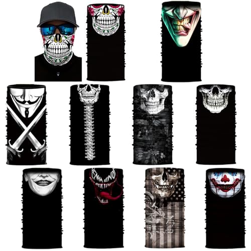 MUYAPAY 10 Stück Multifunktionstuch Gesichtsmaske Funktionstücher Totenkopf Schlauchschal Halloween Elastische Schlauchtuch Sturmmaske Halstuch Kopfbedeckung Sonnenschutz...