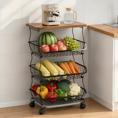 VECELO 4-Tier Fruit Basket with Wheels Fruit and Vegetable Storage Cart for Kithchen Stackable Produce Organizer Wire Baskets for Kitchen Pantry Living Room