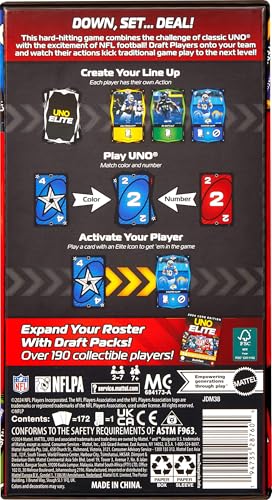 Mattel Games UNO Elite NFL Card Game, 2024 Officially Licensed Core Edition with 4 Collectible Foil Cards Featuring Team Players - Image 6