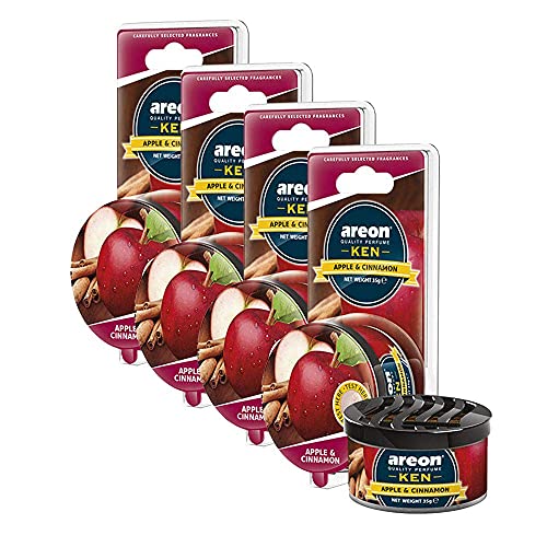 Image of AREON Ken Car Air Freshener - Apple & CInnamon Scent, Long-Lasting Fragrance - Portable Fragrant Deodorizer with Adjustable Odor Output - Automobile Accessories & Essentials - 1.23 Oz. Cans, Pack of 4