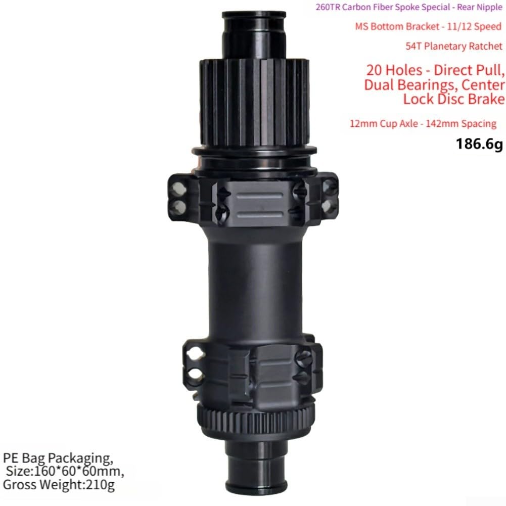 Honseadek Hub freno a disco con blocco centrale 24H 54T sistema a cricchetto, lega AL7075 per raggi dritti, mozzo posteriore 12 x 142 mm per bici da strada compatibile con dt (260TR-Ms)