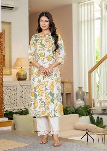 Image of Pistaa's Women's Floral Print A-Line Kurta with Lace Palazzos