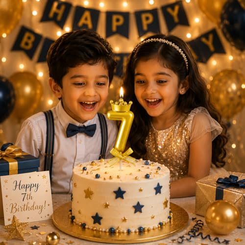 Image of Number 7 Unscented Candle with Crown for Birthday, Wedding, Engagement, Valentines Day Celebration, Theme Party, Bridal Shower, Bachelor Party Cake Topper for Decoration, Gold 1 pc