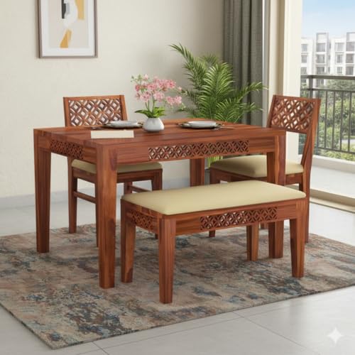 Image of KENDALWOOD Furniture | 1 Year Warranty | Dining Table (34x34) with 2 Chairs 1 Bench | 4 Seater Dining Set | Wooden Dining Table with Chair |Honey Finish with Cream Cushions -DIY(Do-It-Yourself)