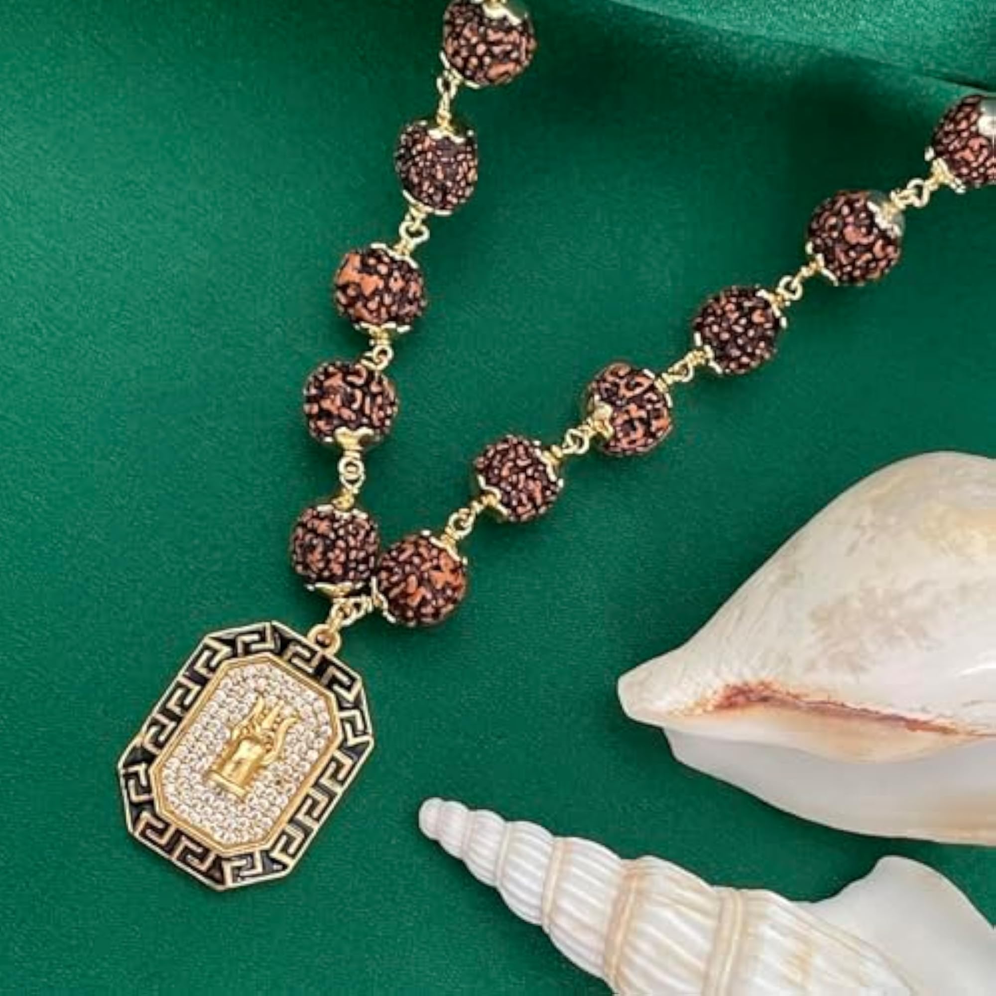 Men's Trishul American Diamond Pendant Rudraksha Mala Necklace