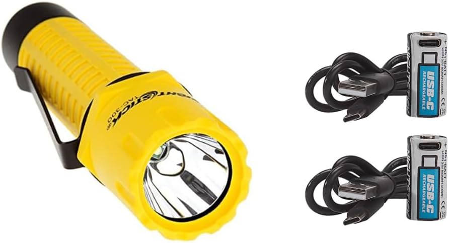 Nightstick TAC-300Y Polymer Tactical Flashlight, 5.5-Inch, Yellow + Two NS1-BATT Li-Ion USB-C Batteries - 16310 Size - 3.6V, 850mAh