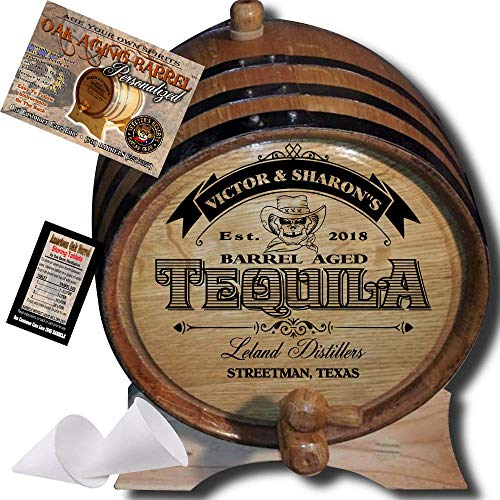 Personalized American Oak Tequila Aging Barrel (104) - Custom Engraved Barrel From Skeeter's Reserve Outlaw Gear - MADE BY American Oak Barrel - (Natural Oak, Black Hoops, 2 Liter)