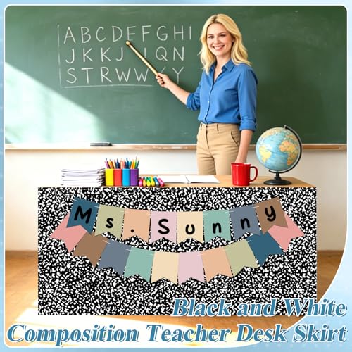 Image of 9FT Composition Notebook Table Skirt Set with 18PCS Boho Paper Pennants Black and White Teacher Desk Skirt for Classroom Decor Back to School Party Supplies Rectangle Cabinet Curtain for Office Dorm
