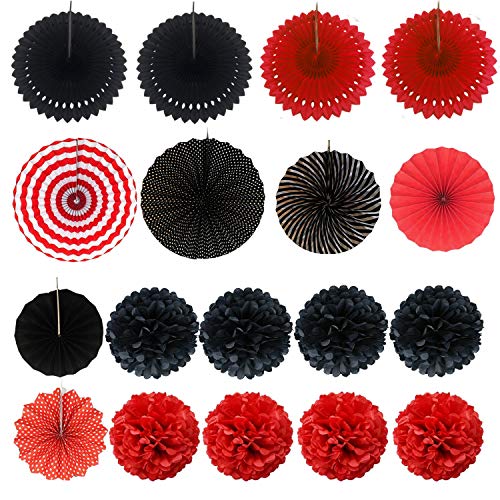 Zerodeco Party Decoration, 21 Pcs Black And Red Hanging Paper Fans Pom Poms Flowers, Garlands String Polka Dot And Triangle Bunting Flags For Minnie Mouse Birthday Parties Baby Showers Wedding #TOP6