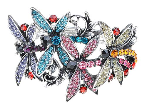 Alilang Silvery Tone Shiny Colorful Crystal Rhinestones Flying Dragonfly Firefly Insect Cuff Bangle Bracelet