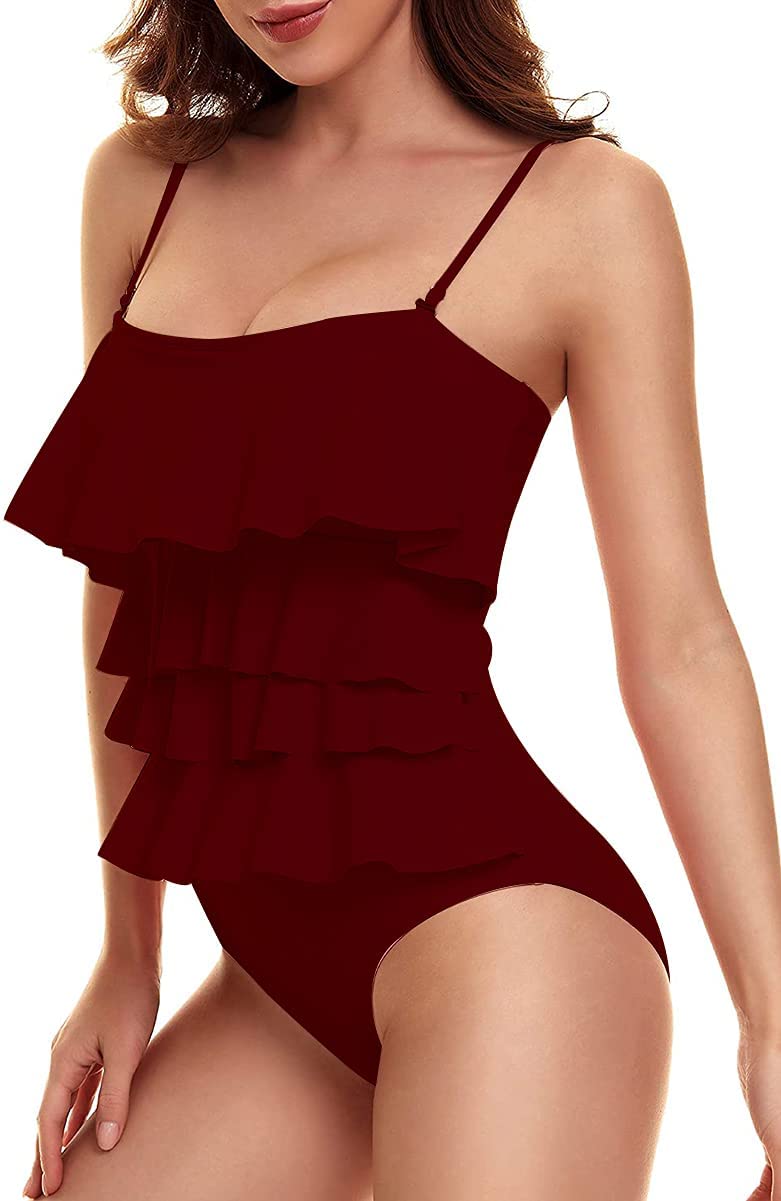 JFAN Bañadores Mujer con Volantes Traje de baño de Una Pieza Push Up Bikini Deportivo en Capas Control del Vientre