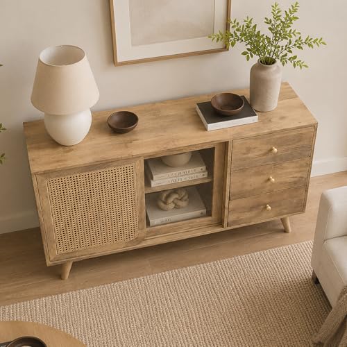 Image of The Attic INES Cabinet, Solid Wood Sideboard for Living Room, Classy TV Cabinet, Wooden Free Standing TV Unit with Storage, Natural Matte Finish