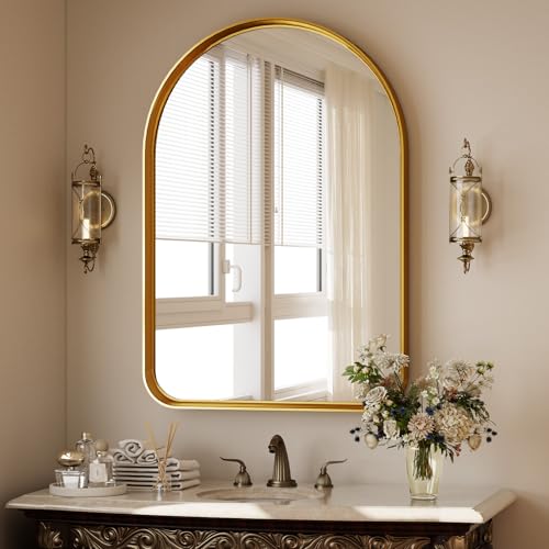 Arched Bathroom Mirror - 38x26 Inch Gold Bathroom Mirror for Wall - Aluminum Alloy Framed Mirror - Arched Top Bathroom Vanity Mirror for Living Room, Bedroom, Mantel, Entryway, and Hallways